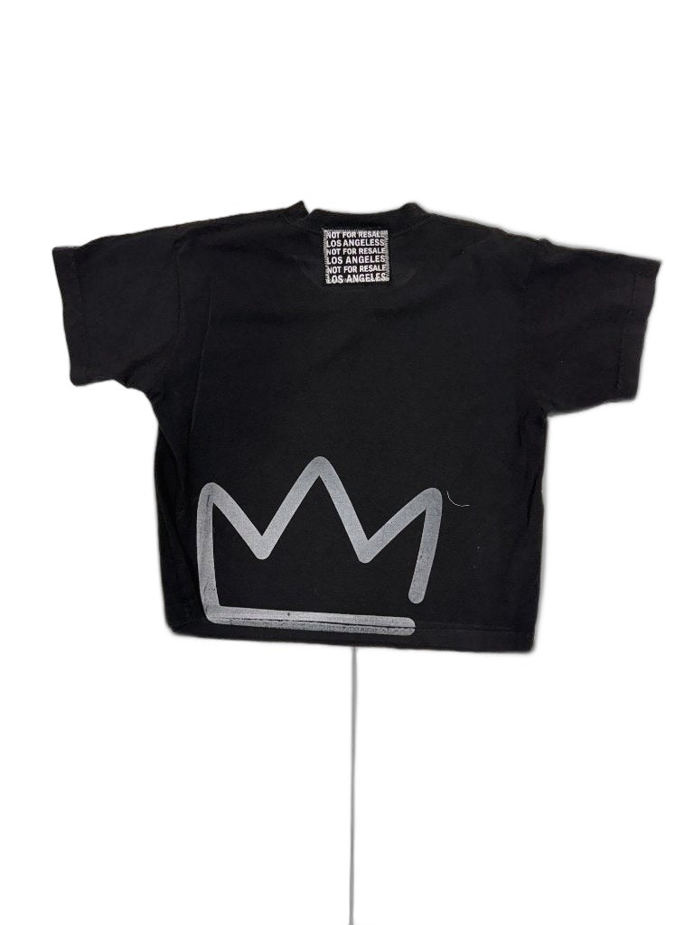 RECONSTRUCTED 001_26_68 — Black Boxy Crop Tee, NFR All-Over Dense Text Print & Basquiat Crown Back