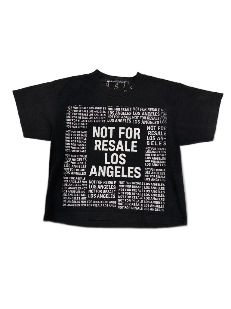 RECONSTRUCTED 001_26_68 — Black Boxy Crop Tee, NFR All-Over Dense Text Print & Basquiat Crown Back