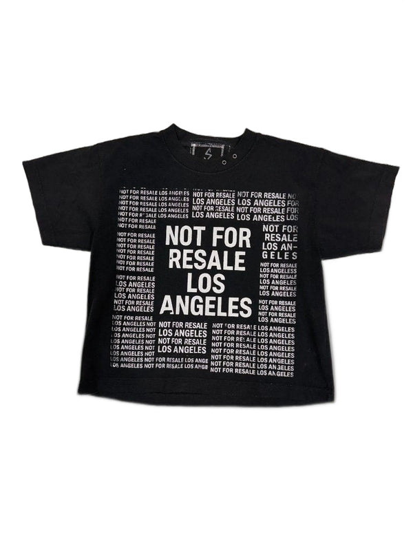 RECONSTRUCTED 001_26_68 — Black Boxy Crop Tee, NFR All-Over Dense Text Print & Basquiat Crown Back